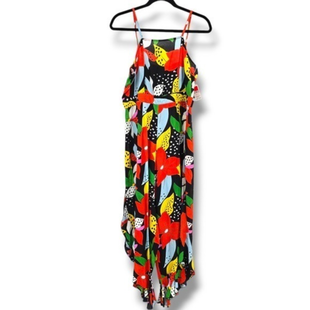 NEW True Destiny Women's Spaghetti Strap Tropical Floral Ruffle Romper Size XL